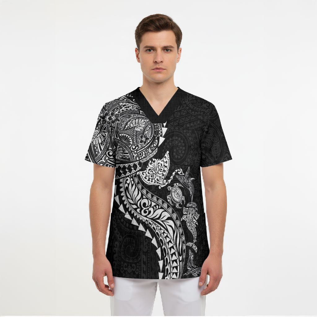 Hawaiian Kakau Tribal Sea Animals Tattoos Scrub Top Black Color