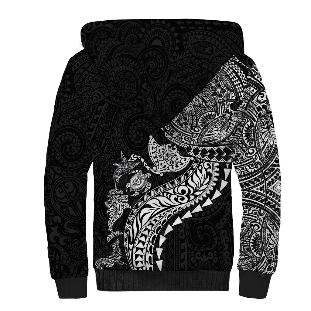 Hawaiian Kakau Tribal Sea Animals Tattoos Sherpa Hoodie Black Color