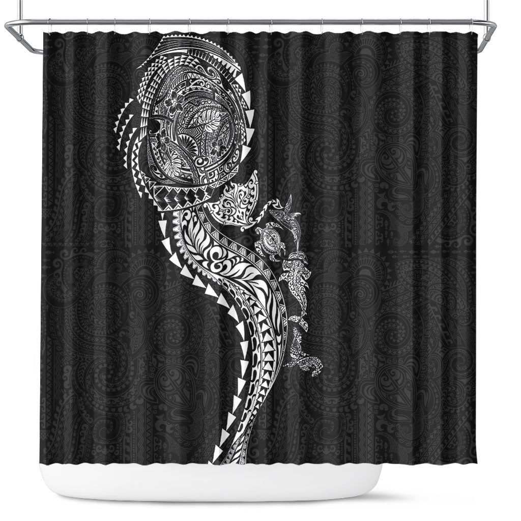 Hawaiian Kakau Tribal Sea Animals Tattoos Shower Curtain Black Color