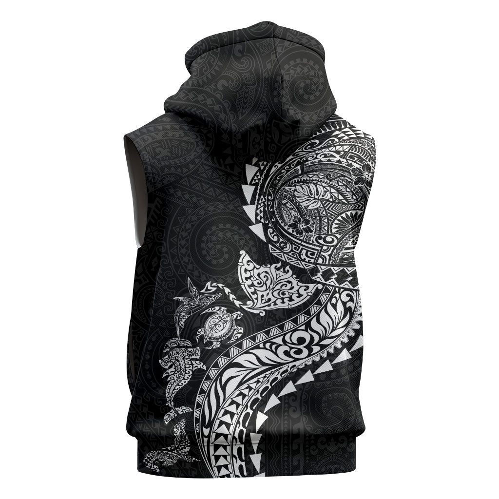 Hawaiian Kakau Tribal Sea Animals Tattoos Sleeveless Zip Hoodie Black Color