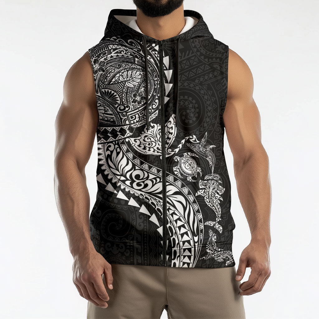 Hawaiian Kakau Tribal Sea Animals Tattoos Sleeveless Zip Hoodie Black Color