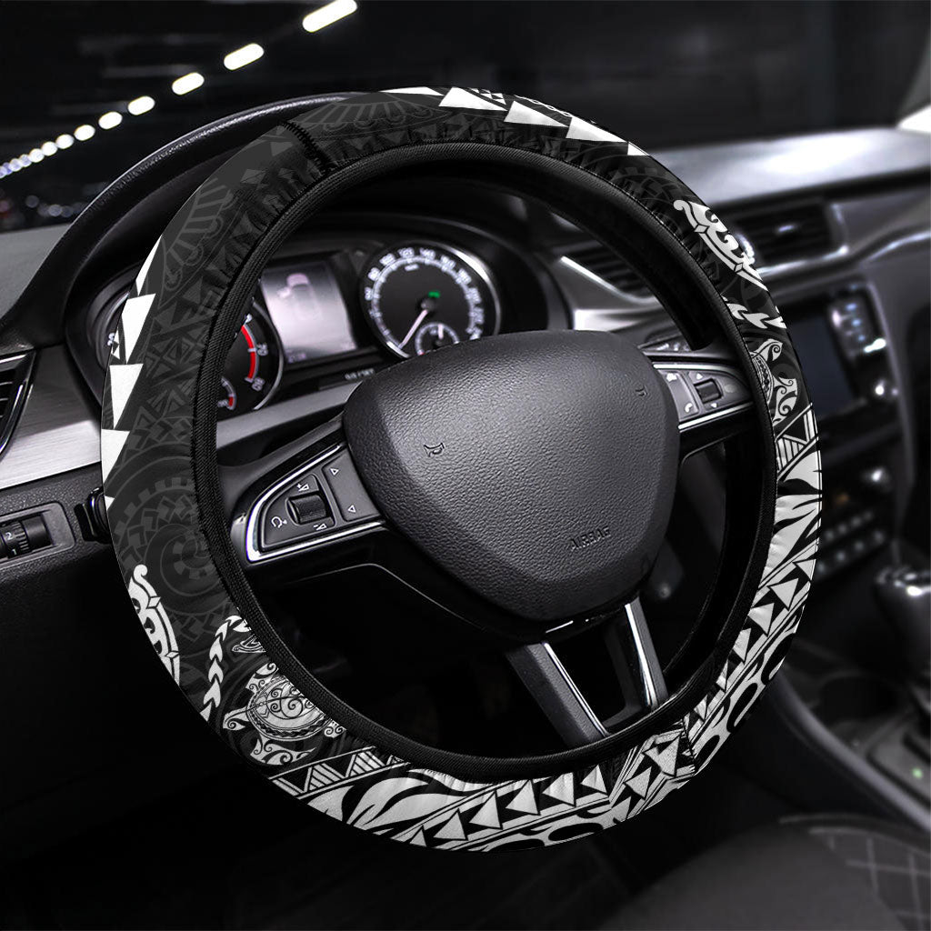 Hawaiian Kakau Tribal Sea Animals Tattoos Steering Wheel Cover Black Color LT03 Universal Fit Black - Polynesian Pride