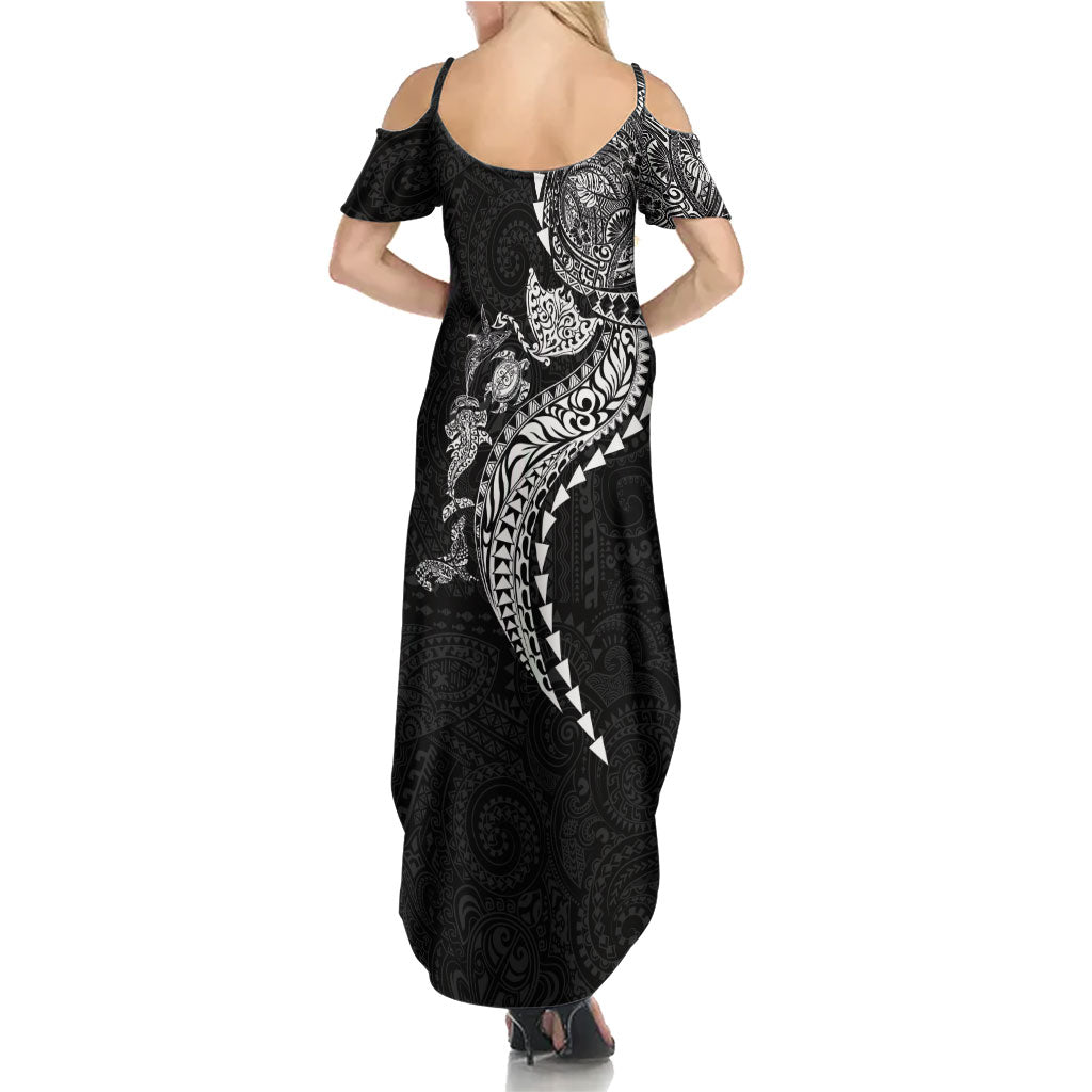 Hawaiian Kakau Tribal Sea Animals Tattoos Summer Maxi Dress Black Color