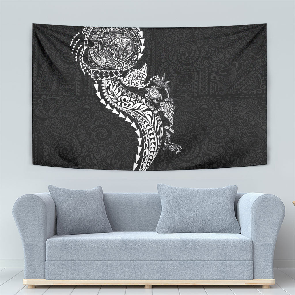 Hawaiian Kakau Tribal Sea Animals Tattoos Tapestry Black Color
