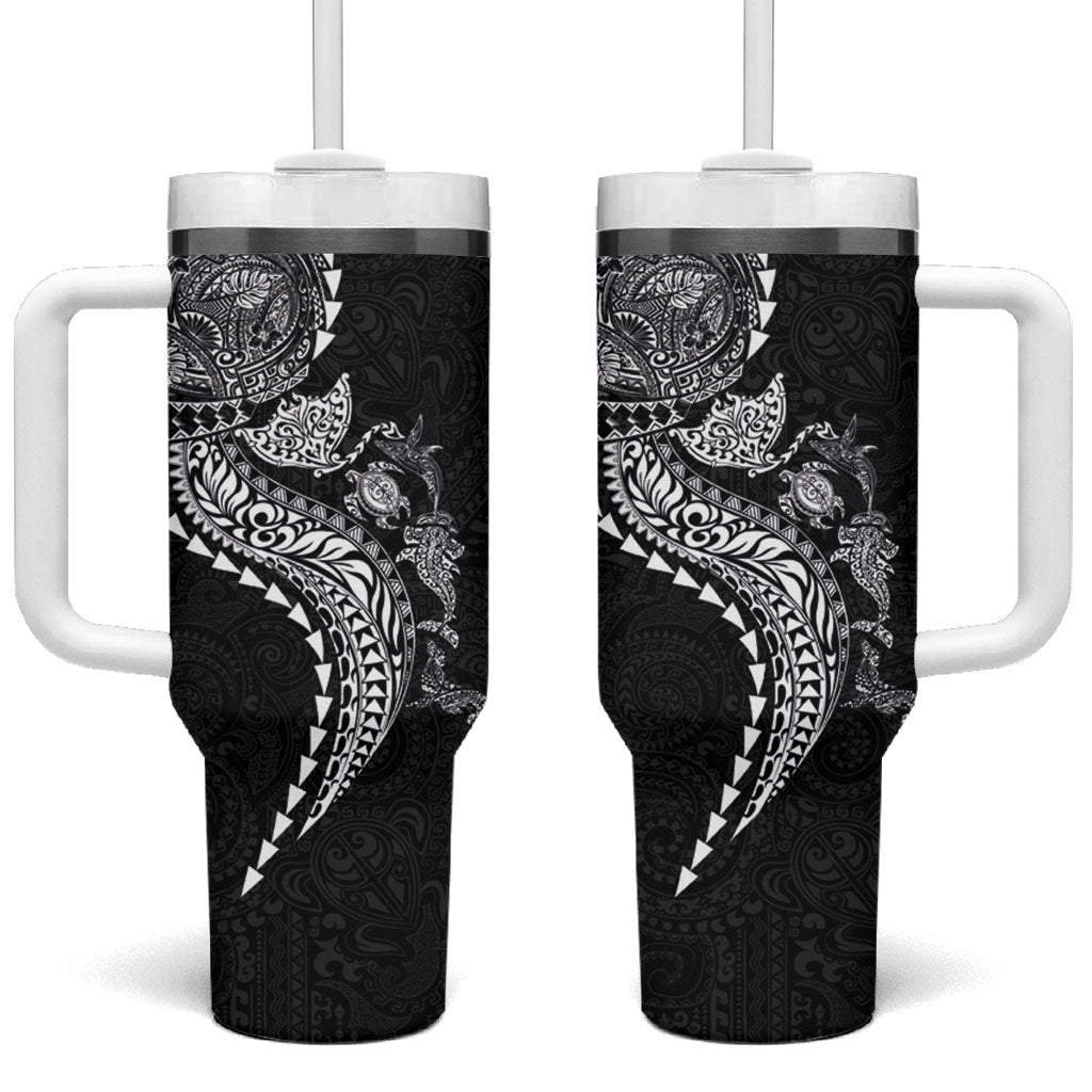 Hawaiian Kakau Tribal Sea Animals Tattoos Tumbler With Handle Black Color