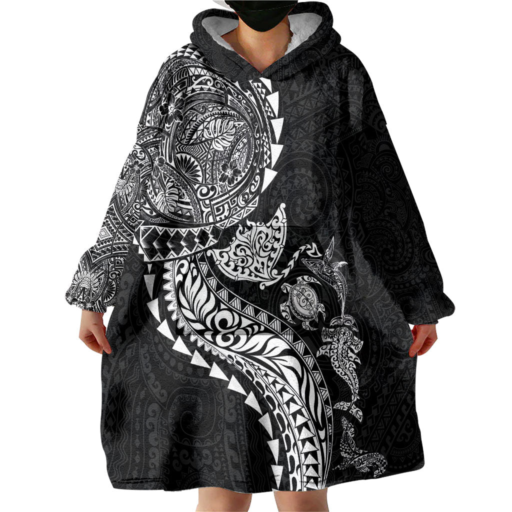 Hawaiian Kakau Tribal Sea Animals Tattoos Wearable Blanket Hoodie Black Color LT03 - Polynesian Pride