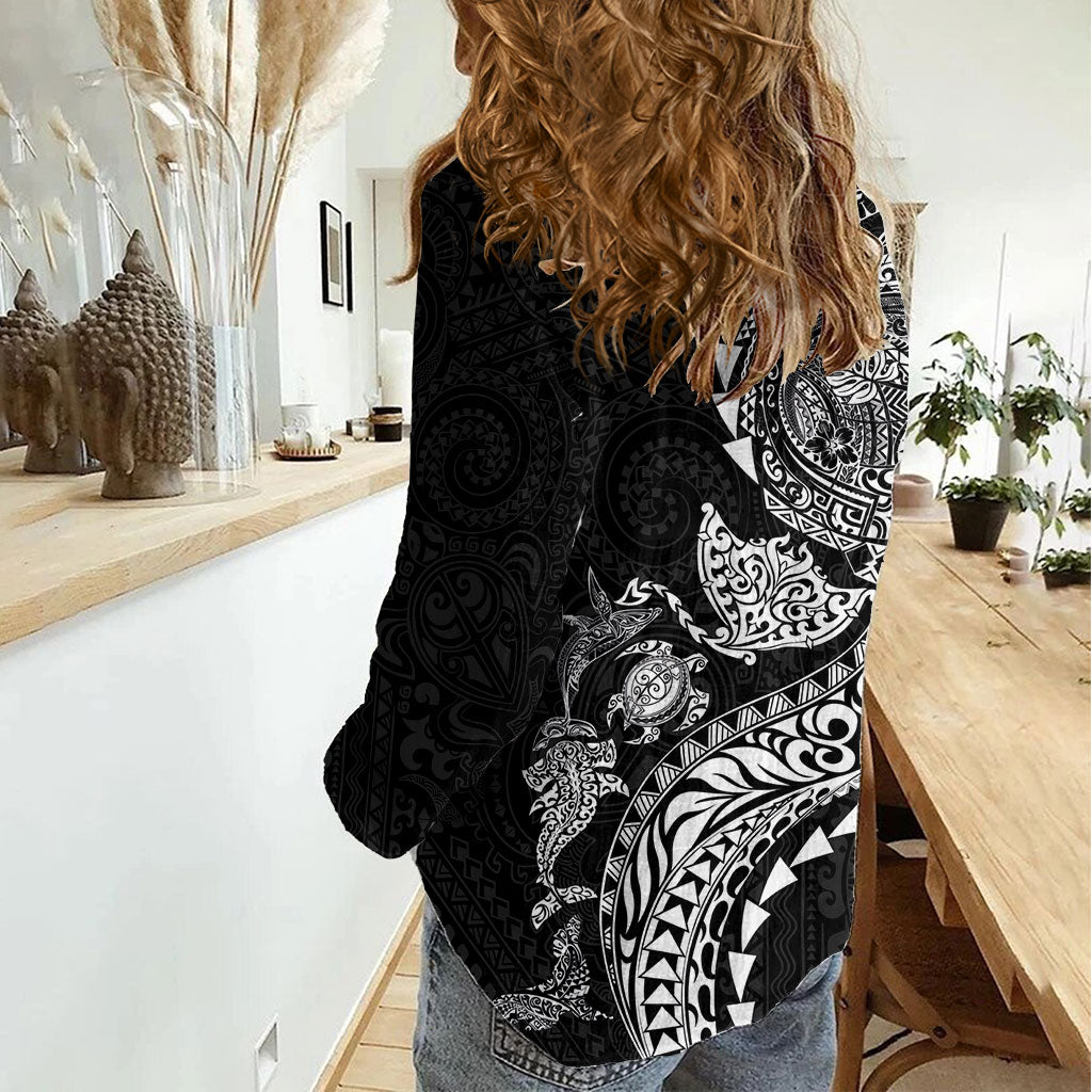 Hawaiian Kakau Tribal Sea Animals Tattoos Women Casual Shirt Black Color LT03 - Polynesian Pride