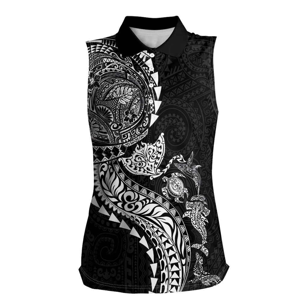 Hawaiian Kakau Tribal Sea Animals Tattoos Women Sleeveless Polo Shirt Black Color LT03 Female Black - Polynesian Pride