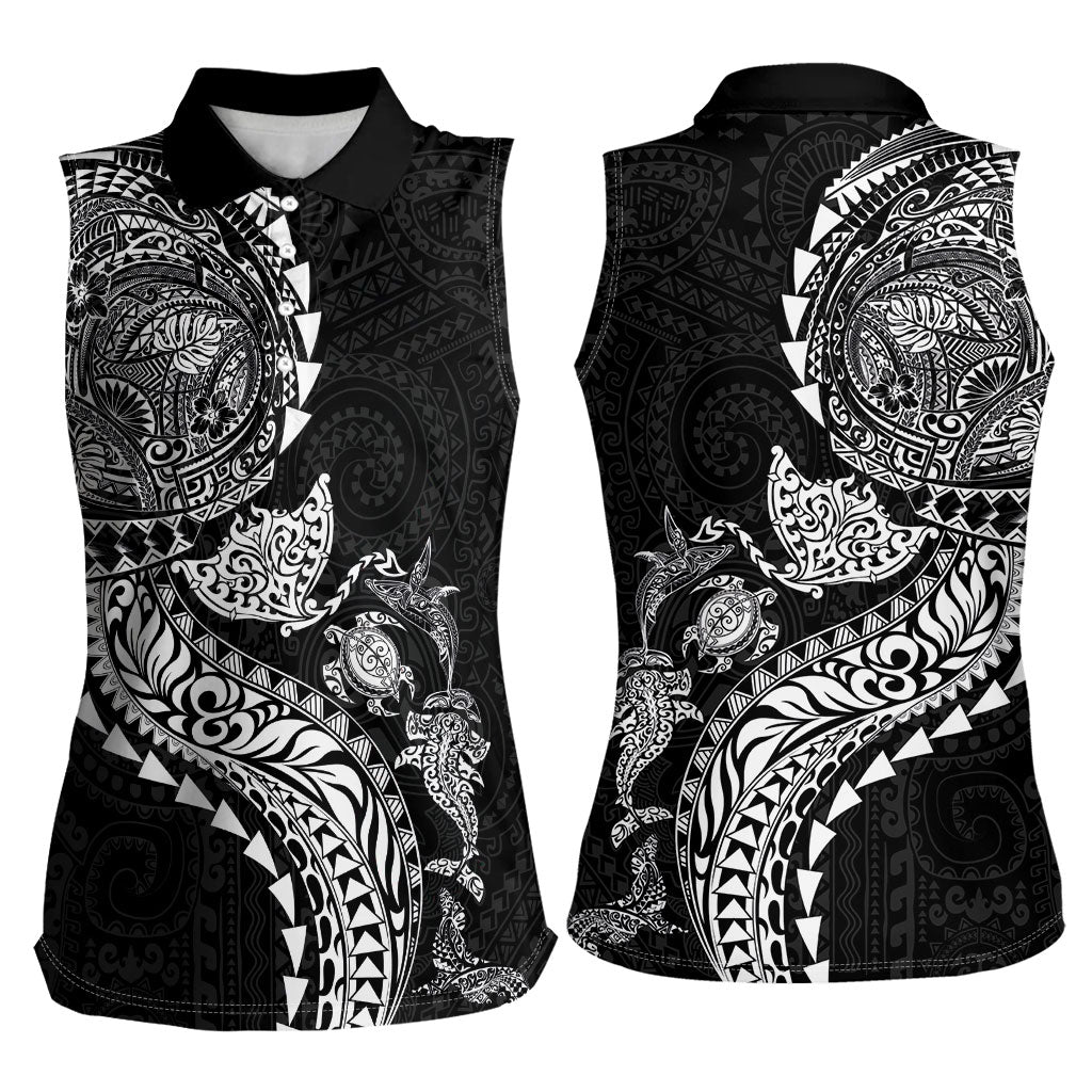 Hawaiian Kakau Tribal Sea Animals Tattoos Women Sleeveless Polo Shirt Black Color LT03 - Polynesian Pride