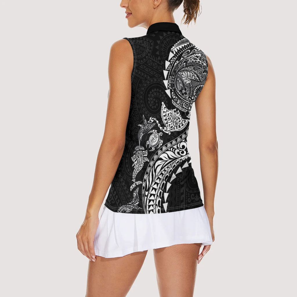 Hawaiian Kakau Tribal Sea Animals Tattoos Women Sleeveless Polo Shirt Black Color LT03 - Polynesian Pride