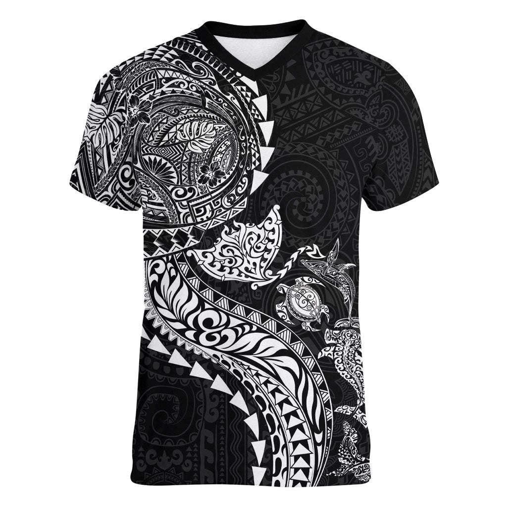 Hawaiian Kakau Tribal Sea Animals Tattoos Women V-Neck T-Shirt Black Color LT03 Female Black - Polynesian Pride