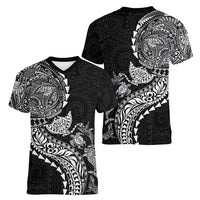 Hawaiian Kakau Tribal Sea Animals Tattoos Women V-Neck T-Shirt Black Color LT03 - Polynesian Pride