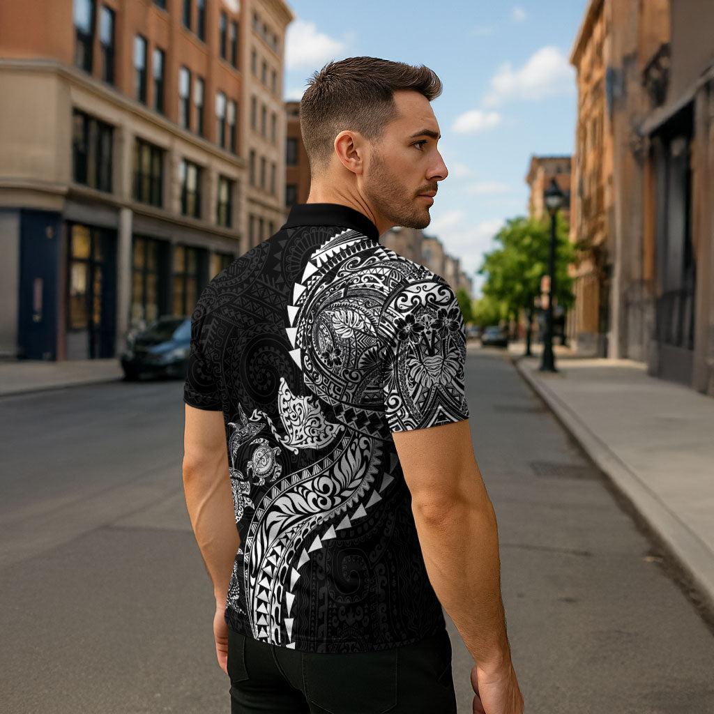 Hawaiian Kakau Tribal Sea Animals Tattoos Zipper Polo Shirt Black Color