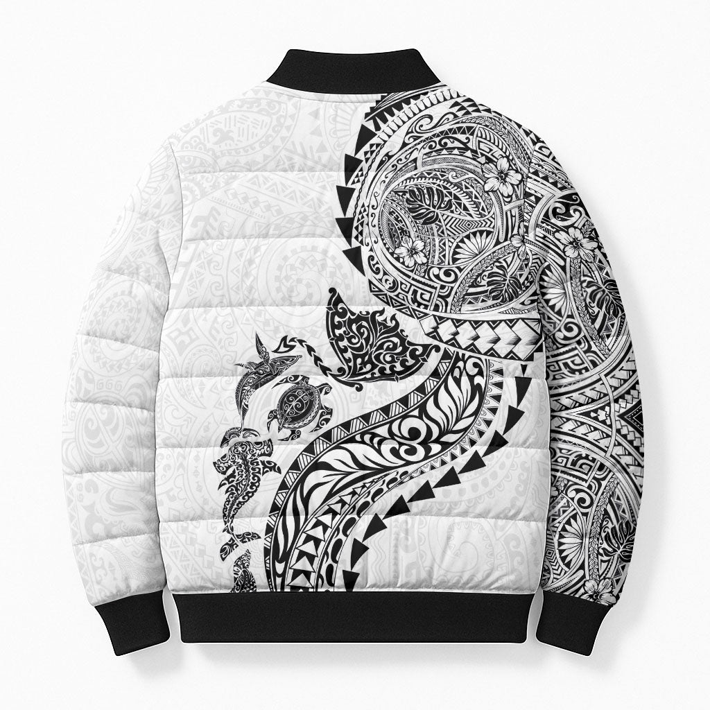 Hawaiian Kakau Tribal Sea Animals Tattoos Bomber Puffer Jacket White Color