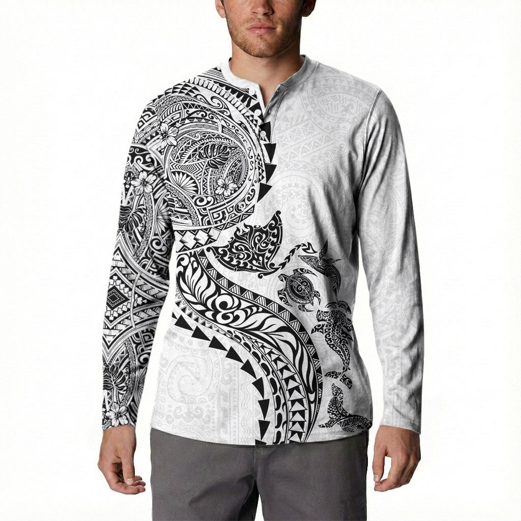 Hawaiian Kakau Tribal Sea Animals Tattoos Button Sweatshirt White Color