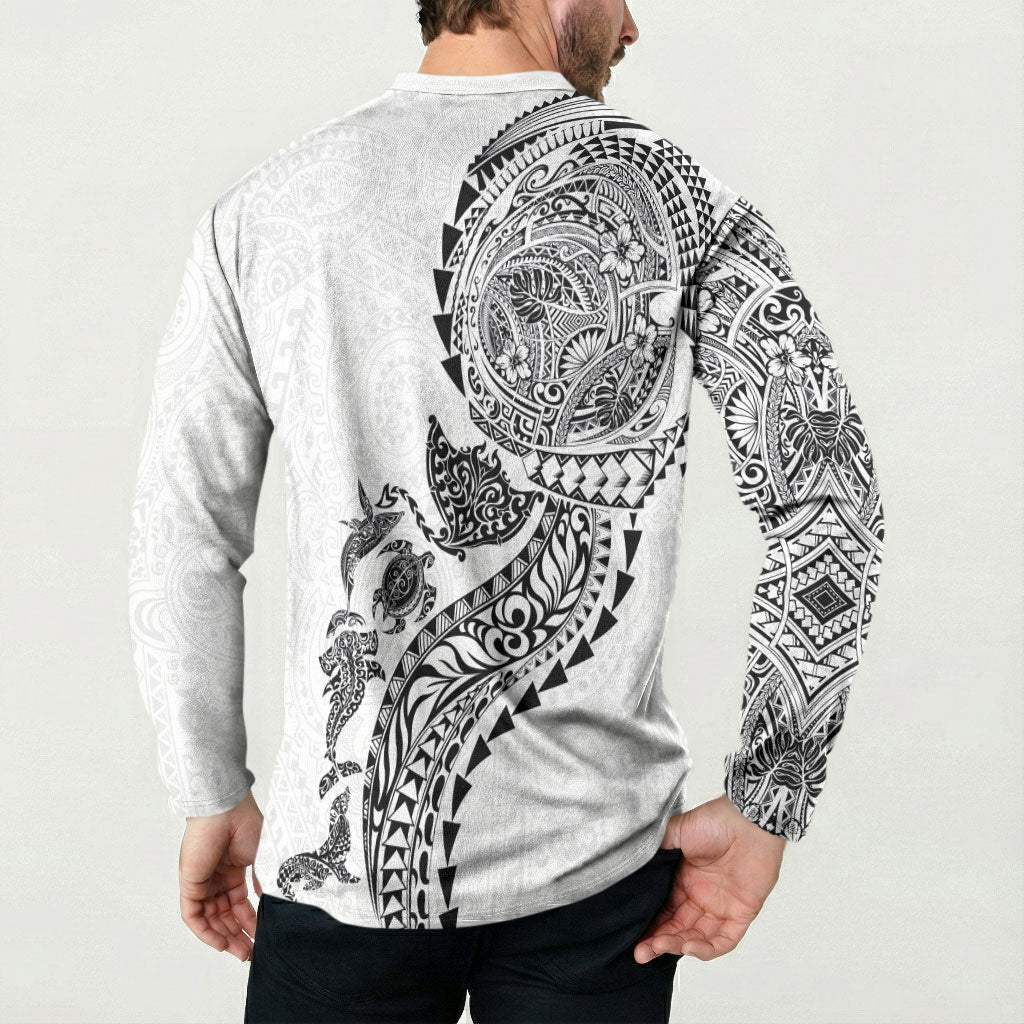 Hawaiian Kakau Tribal Sea Animals Tattoos Button Sweatshirt White Color