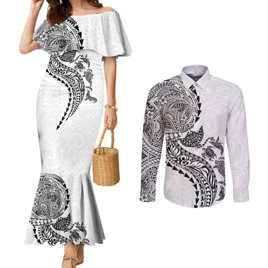 Hawaiian Kakau Tribal Sea Animals Tattoos Couples Matching Mermaid Dress and Long Sleeve Button Shirt White Color LT03 White - Polynesian Pride