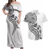 Hawaiian Kakau Tribal Sea Animals Tattoos Couples Matching Off Shoulder Maxi Dress and Hawaiian Shirt White Color LT03 White - Polynesian Pride