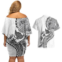 Hawaiian Kakau Tribal Sea Animals Tattoos Couples Matching Off Shoulder Short Dress and Hawaiian Shirt White Color LT03 - Polynesian Pride