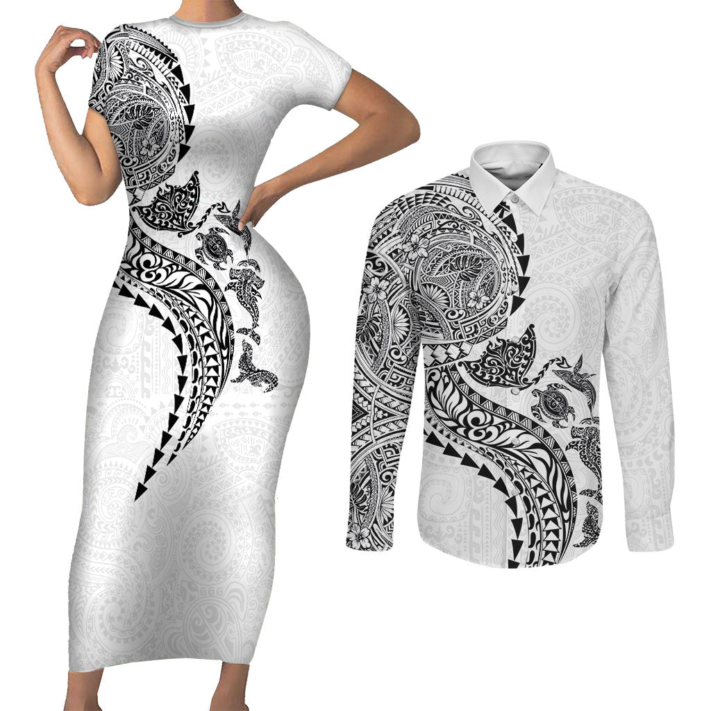 Hawaiian Kakau Tribal Sea Animals Tattoos Couples Matching Short Sleeve Bodycon Dress and Long Sleeve Button Shirt White Color