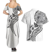 Hawaiian Kakau Tribal Sea Animals Tattoos Couples Matching Summer Maxi Dress and Hawaiian Shirt White Color LT03 - Polynesian Pride
