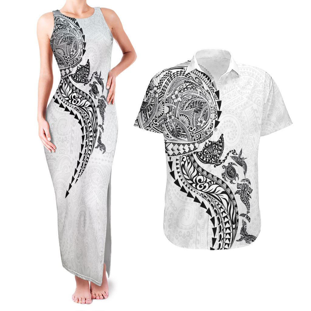 Hawaiian Kakau Tribal Sea Animals Tattoos Couples Matching Tank Maxi Dress and Hawaiian Shirt White Color