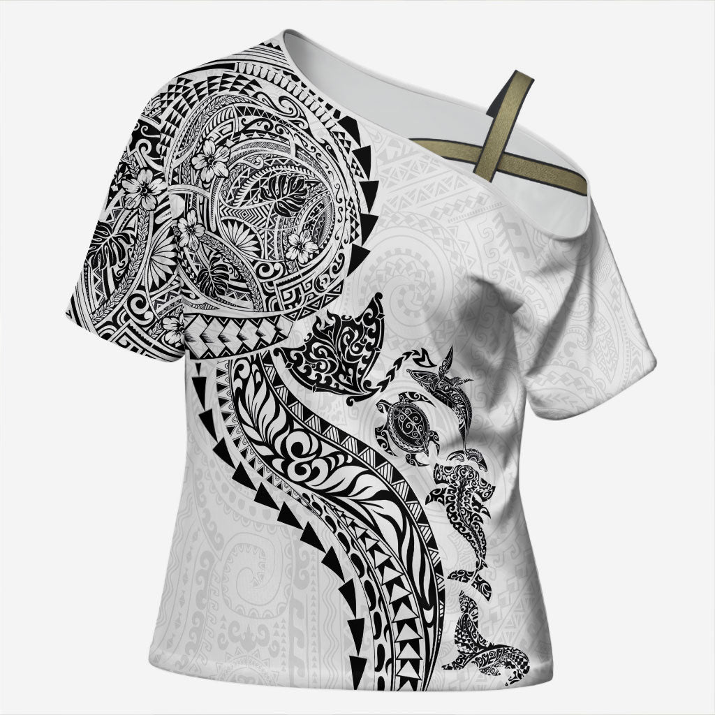 Hawaiian Kakau Tribal Sea Animals Tattoos Cross Shoulder Shirt White Color