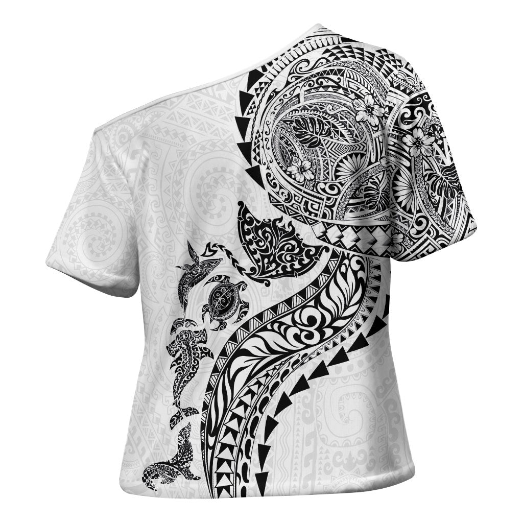 Hawaiian Kakau Tribal Sea Animals Tattoos Cross Shoulder Shirt White Color