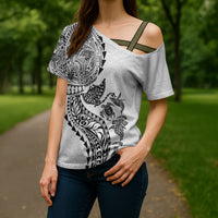 Hawaiian Kakau Tribal Sea Animals Tattoos Cross Shoulder Shirt White Color