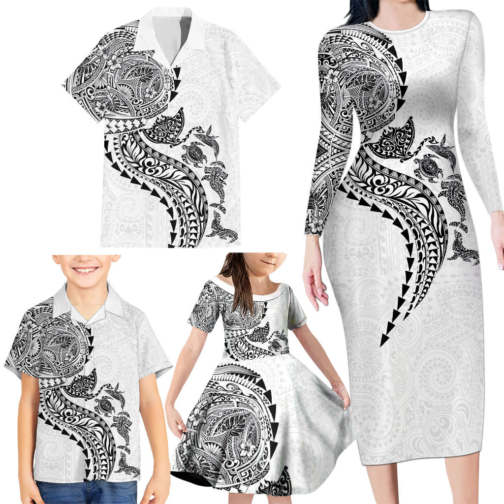 Hawaiian Kakau Tribal Sea Animals Tattoos Family Matching Long Sleeve Bodycon Dress and Hawaiian Shirt White Color