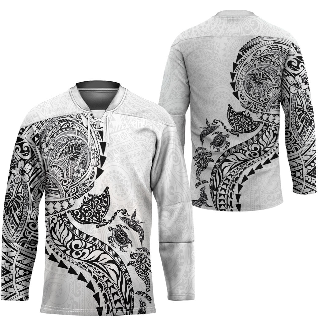 Hawaiian Kakau Tribal Sea Animals Tattoos Hockey Jersey White Color