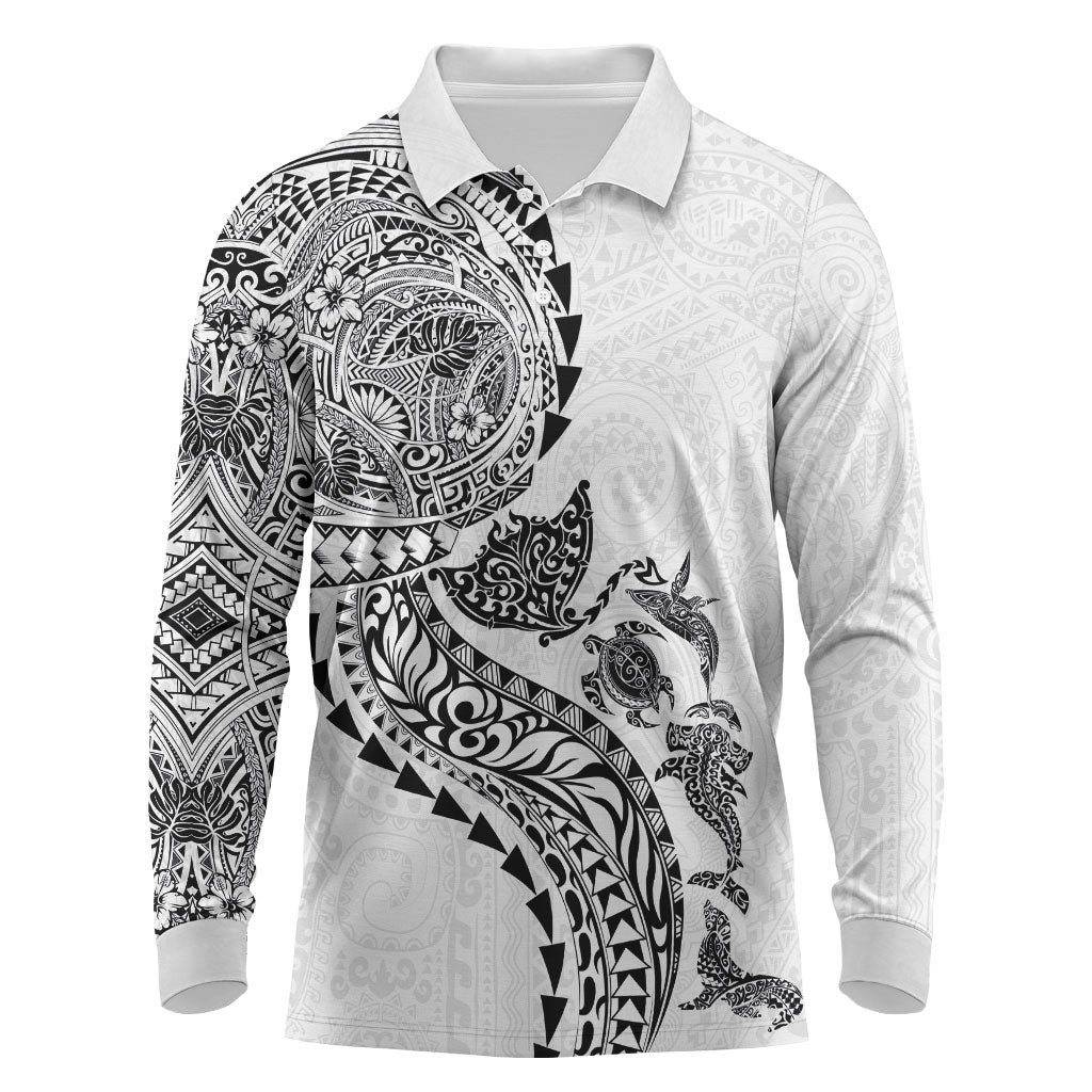 Hawaiian Kakau Tribal Sea Animals Tattoos Long Sleeve Polo Shirt White Color LT03 White - Polynesian Pride