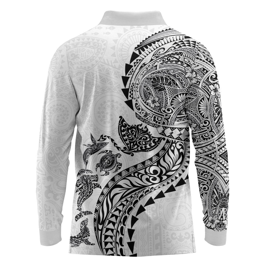 Hawaiian Kakau Tribal Sea Animals Tattoos Long Sleeve Polo Shirt White Color LT03 - Polynesian Pride