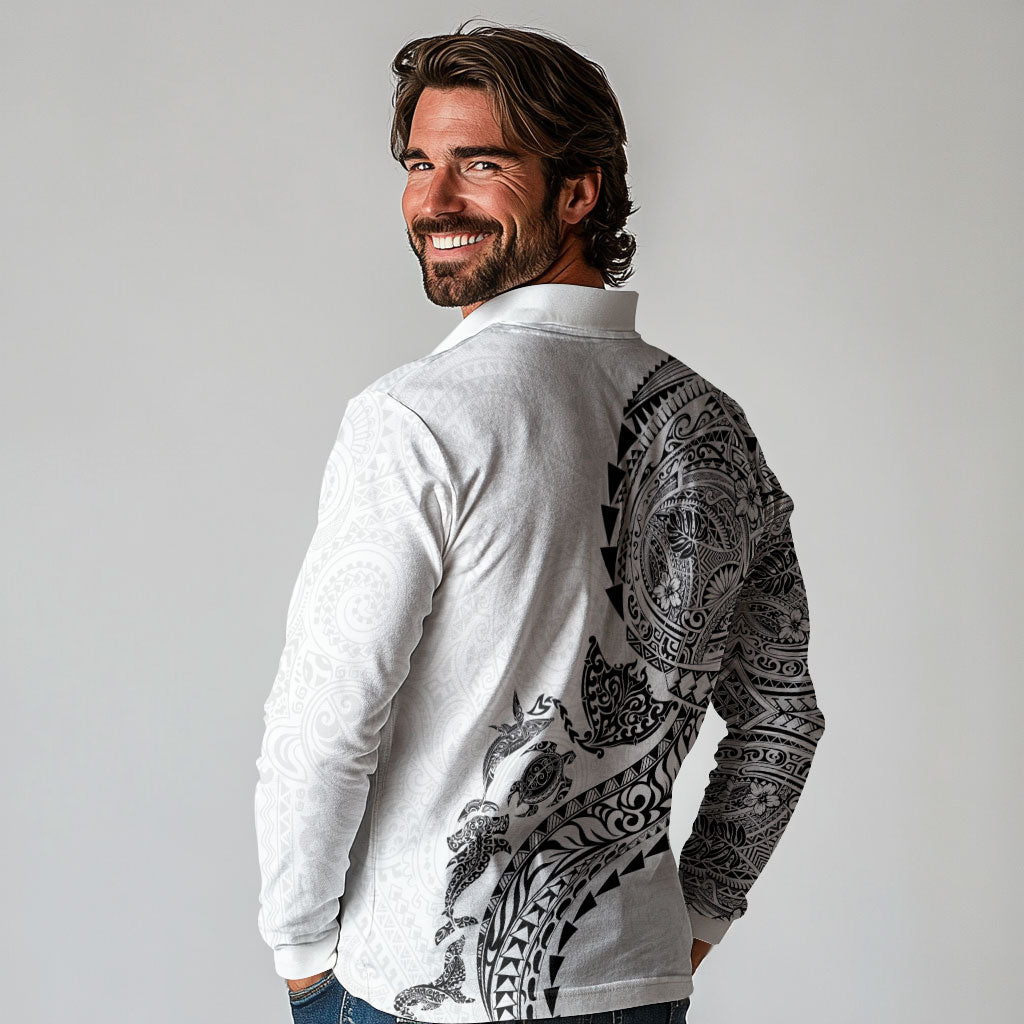 Hawaiian Kakau Tribal Sea Animals Tattoos Long Sleeve Polo Shirt White Color LT03 - Polynesian Pride