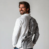 Hawaiian Kakau Tribal Sea Animals Tattoos Long Sleeve Polo Shirt White Color LT03 - Polynesian Pride
