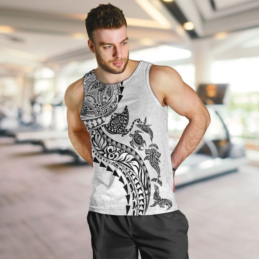 Hawaiian Kakau Tribal Sea Animals Tattoos Men Tank Top White Color