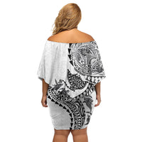 Hawaiian Kakau Tribal Sea Animals Tattoos Off Shoulder Short Dress White Color