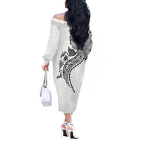 Hawaiian Kakau Tribal Sea Animals Tattoos Off The Shoulder Long Sleeve Dress White Color LT03 - Polynesian Pride