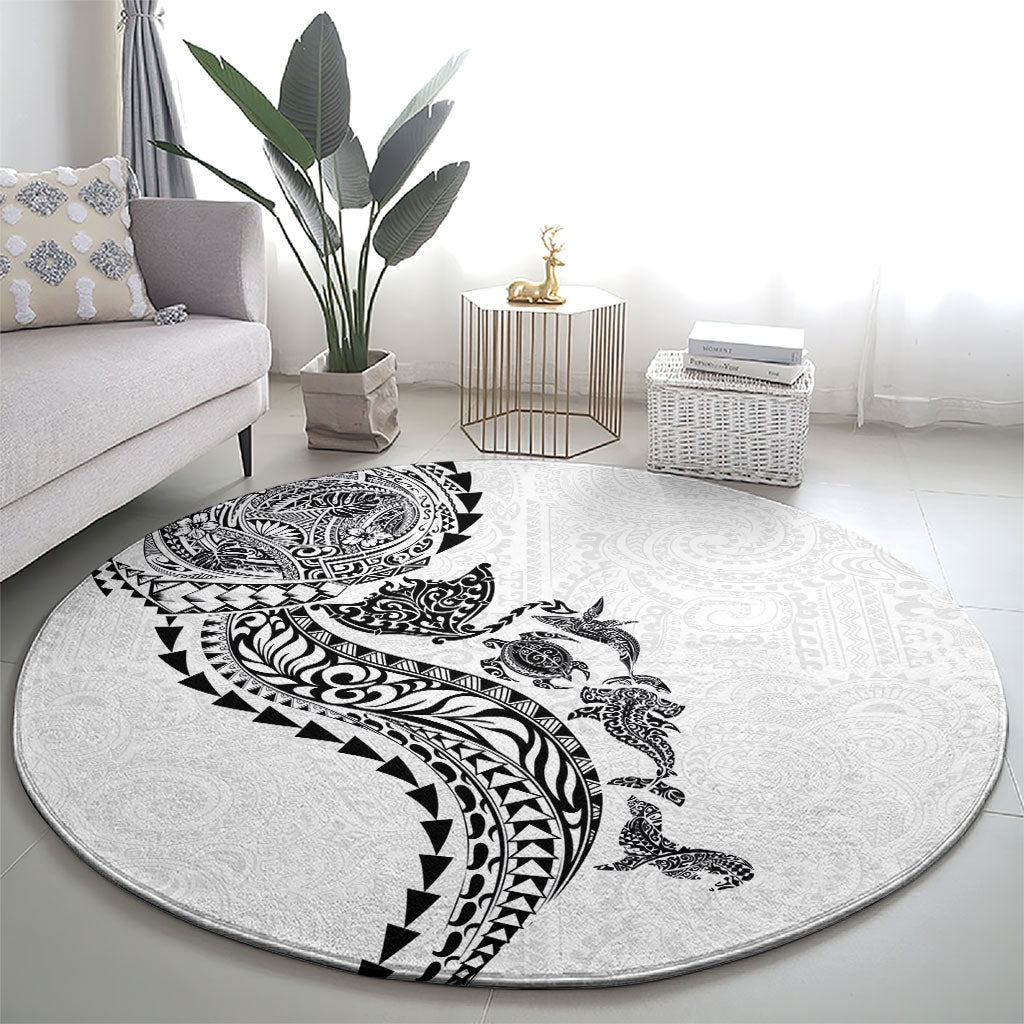 Hawaiian Kakau Tribal Sea Animals Tattoos Round Carpet White Color