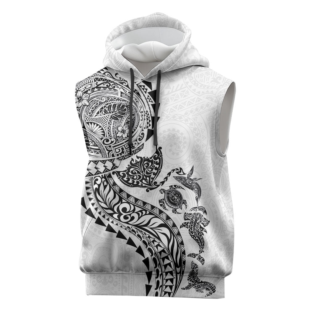 Hawaiian Kakau Tribal Sea Animals Tattoos Sleeveless Hoodie White Color LT03 White - Polynesian Pride