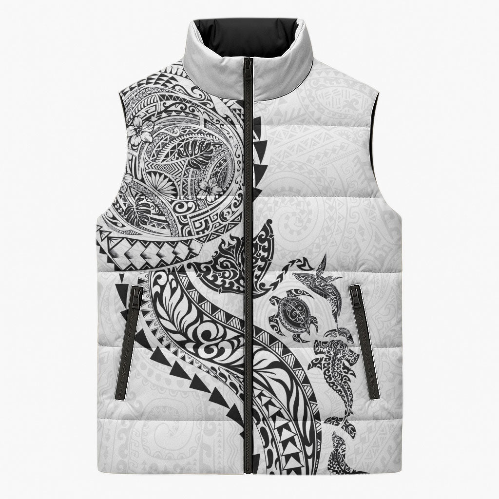 Hawaiian Kakau Tribal Sea Animals Tattoos Sleeveless Puffer Jacket White Color LT03 Unisex White - Polynesian Pride