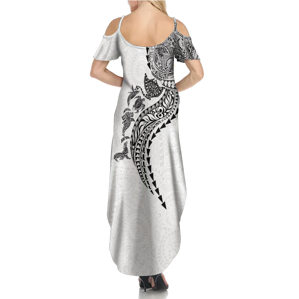 Hawaiian Kakau Tribal Sea Animals Tattoos Summer Maxi Dress White Color