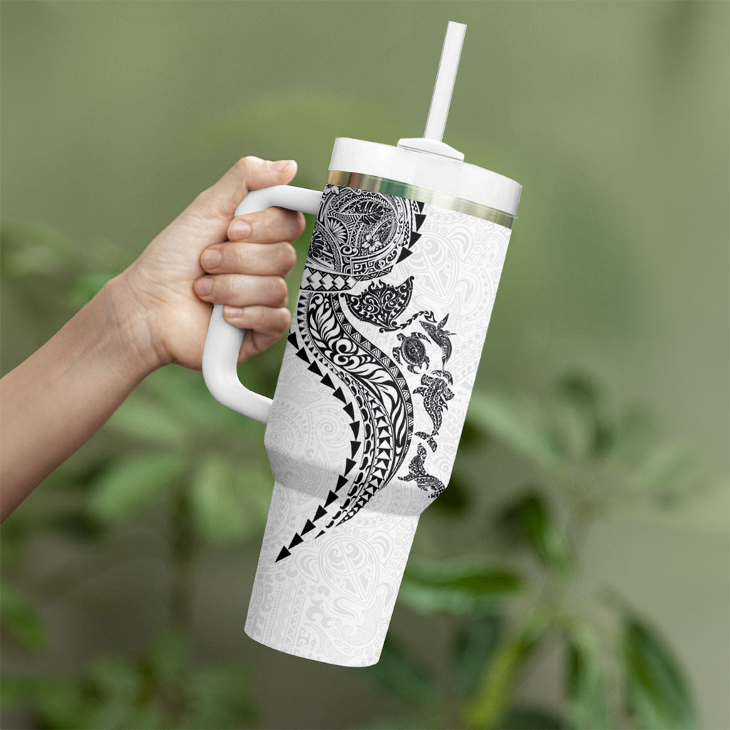 Hawaiian Kakau Tribal Sea Animals Tattoos Tumbler With Handle White Color