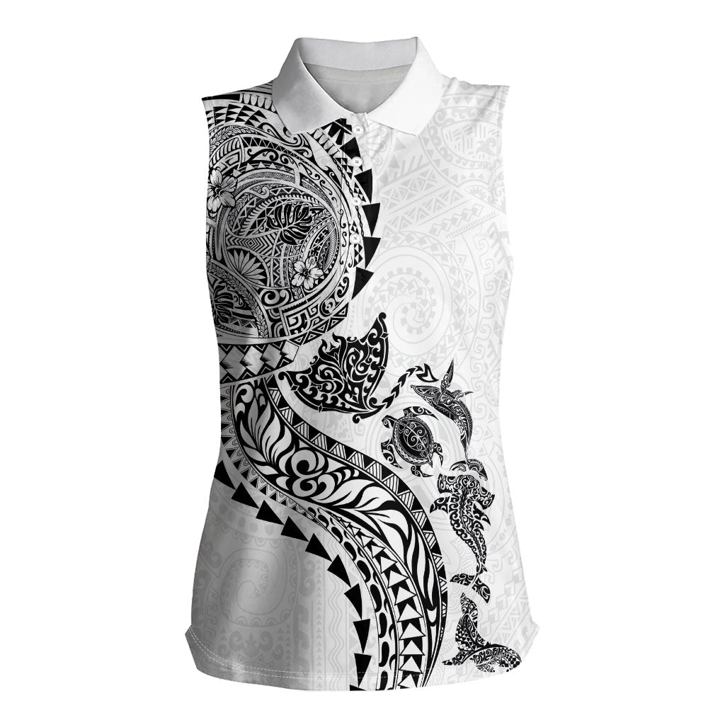 Hawaiian Kakau Tribal Sea Animals Tattoos Women Sleeveless Polo Shirt White Color LT03 Female White - Polynesian Pride