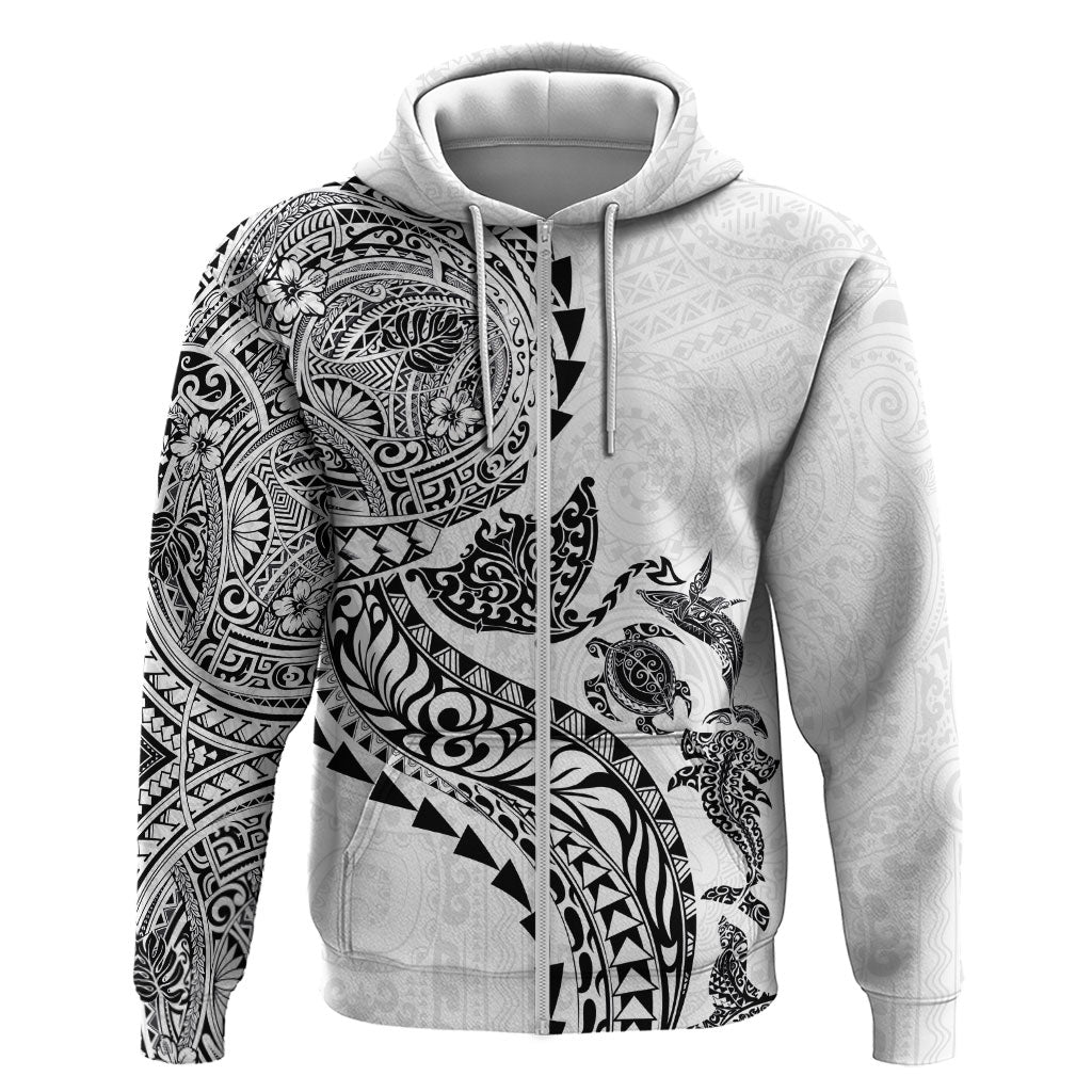 Hawaiian Kakau Tribal Sea Animals Tattoos Zip Hoodie White Color