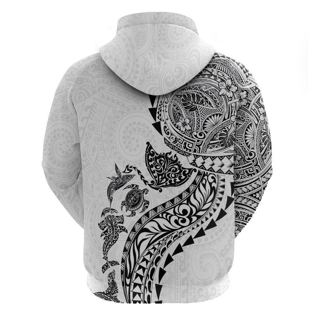 Hawaiian Kakau Tribal Sea Animals Tattoos Zip Hoodie White Color
