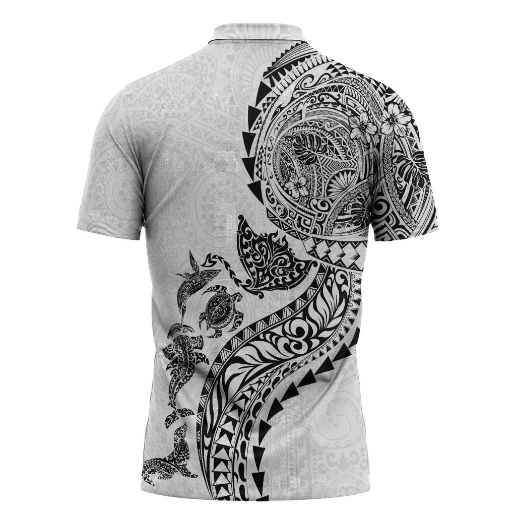 Hawaiian Kakau Tribal Sea Animals Tattoos Zipper Polo Shirt White Color LT03 - Polynesian Pride