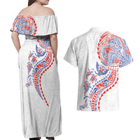 Hawaiian Kakau Tribal Sea Animals Tattoos Couples Matching Off Shoulder Maxi Dress and Hawaiian Shirt Hawaii Flag Color Inspired LT03 - Polynesian Pride