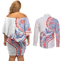 Hawaiian Kakau Tribal Sea Animals Tattoos Couples Matching Off Shoulder Short Dress and Long Sleeve Button Shirt Hawaii Flag Color Inspired LT03 - Polynesian Pride