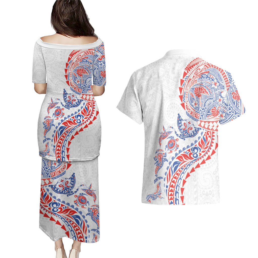 Hawaiian Kakau Tribal Sea Animals Tattoos Couples Matching Puletasi and Hawaiian Shirt Hawaii Flag Color Inspired LT03 - Polynesian Pride